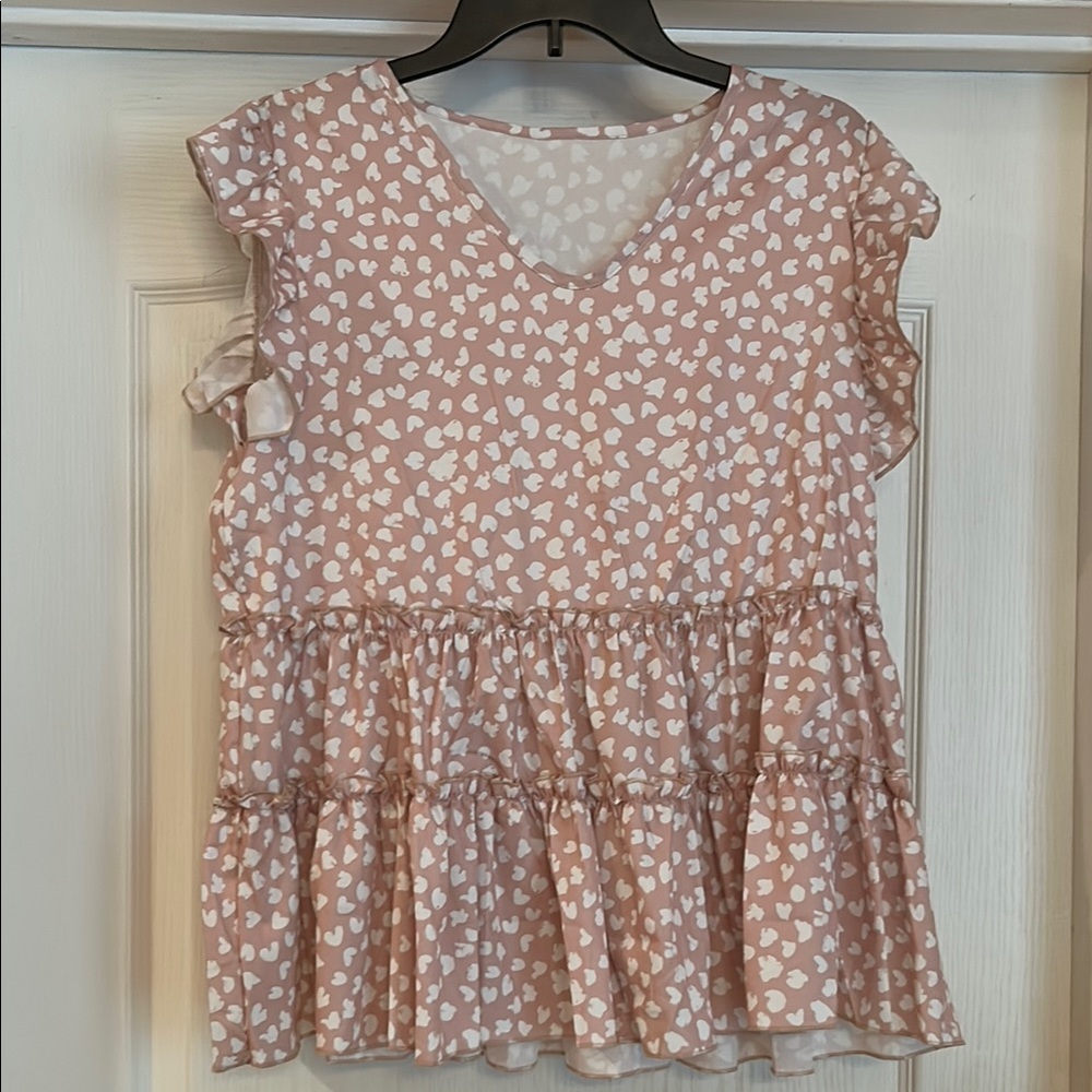 SHEIN Pink Heart Pattern Ruffle Blouse
